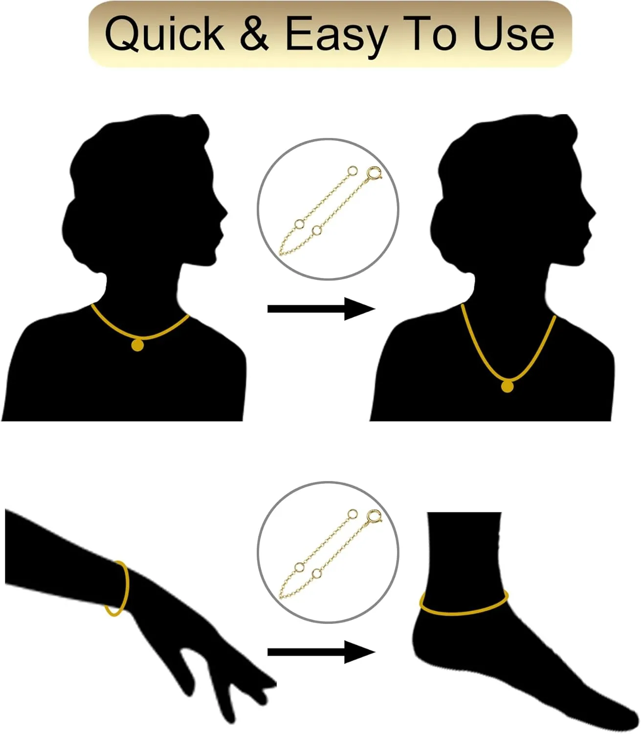 14K Solid Gold Necklace Extender & Real Bracelet Extender - 2, 3, 4 Inch Durable Adjustable Chain Gold Anklets Extension for Women - 2", "3", "4" (14K Yellow Gold-2 in)