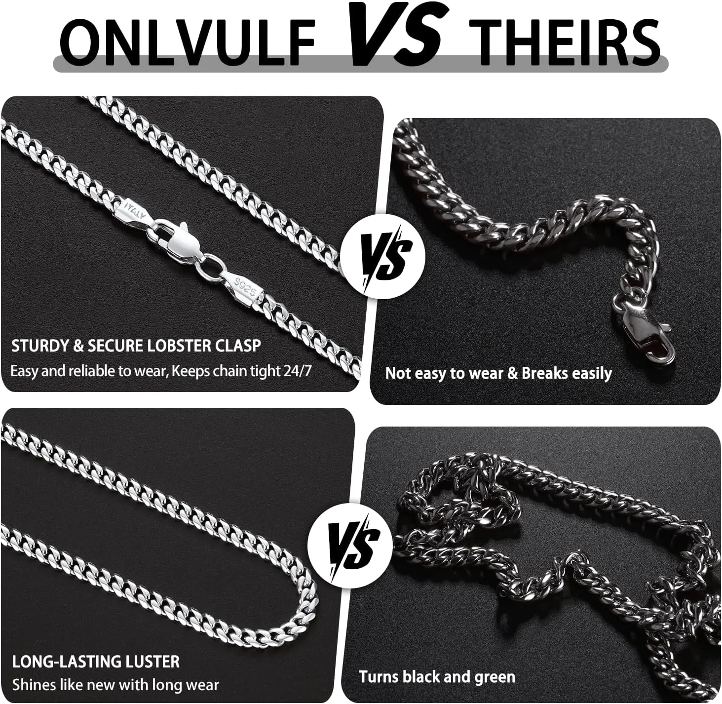 18K Real Gold Over 925 Sterling Silver Chain for Men, 4mm Miami Mens Cuban Link Chain Necklace, Hip-Hop & Cool Men's Chain Necklace, 16/18/20/22/24/26 Inch