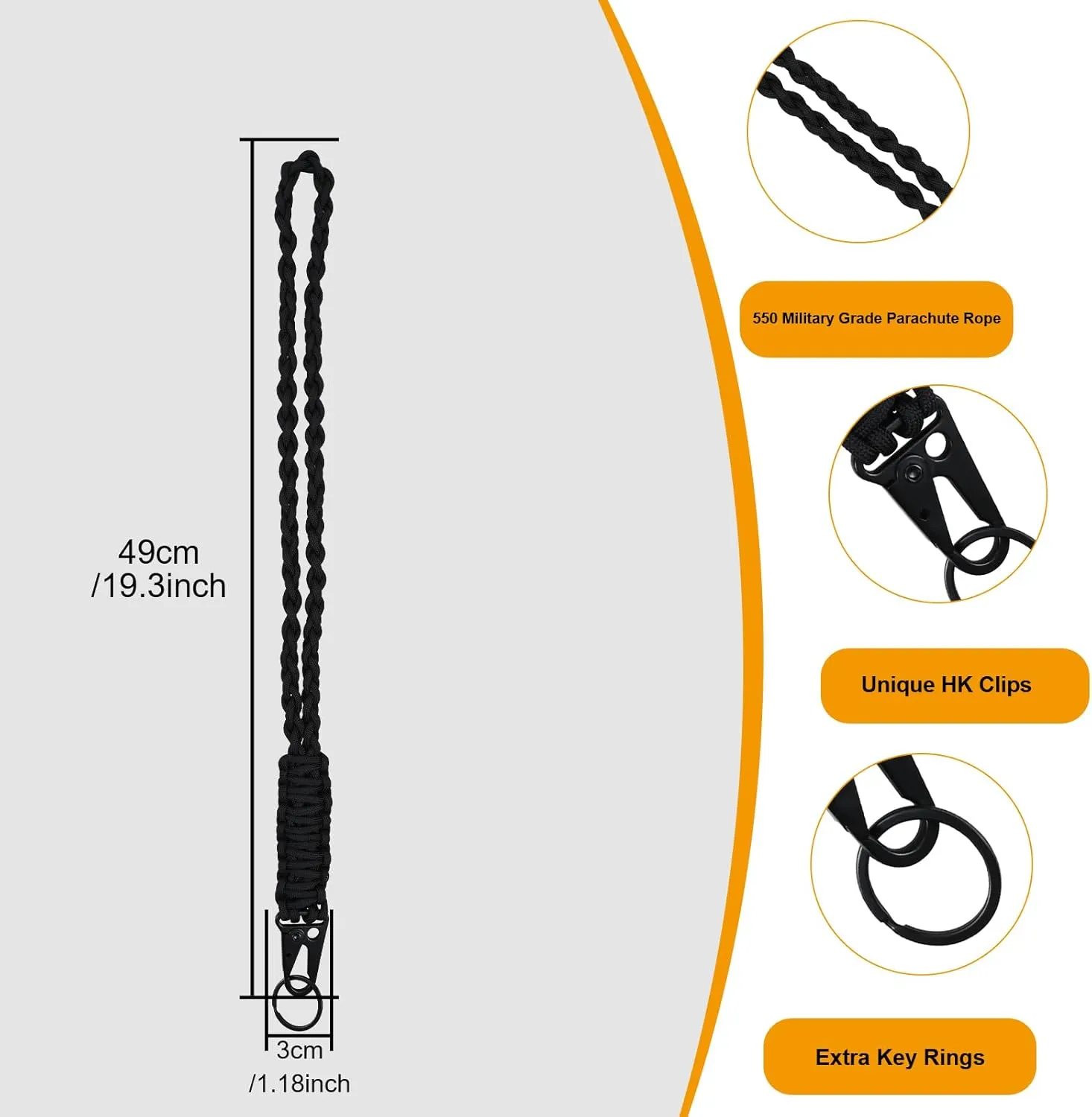 2 Pcs Heavy Duty Braided 550 Paracord Lanyard Keychain Set, Parachute Rope Necklace Keychain with Belt Carabiner Clip for Keys Men Women Hiking, Camping, Outdoor Survival, Camera, Wallet and Whistle