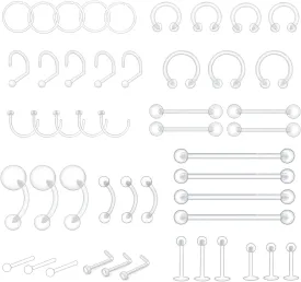 48pcs Clear Piercing Retainers Bioflex Nose Tongue Belly nipple rings Plastic Earings Eyebrow Cartilage Tragus Lip Septum Hoop Nose Stud Industrial Bar Piercing Jewelry For Surgery.