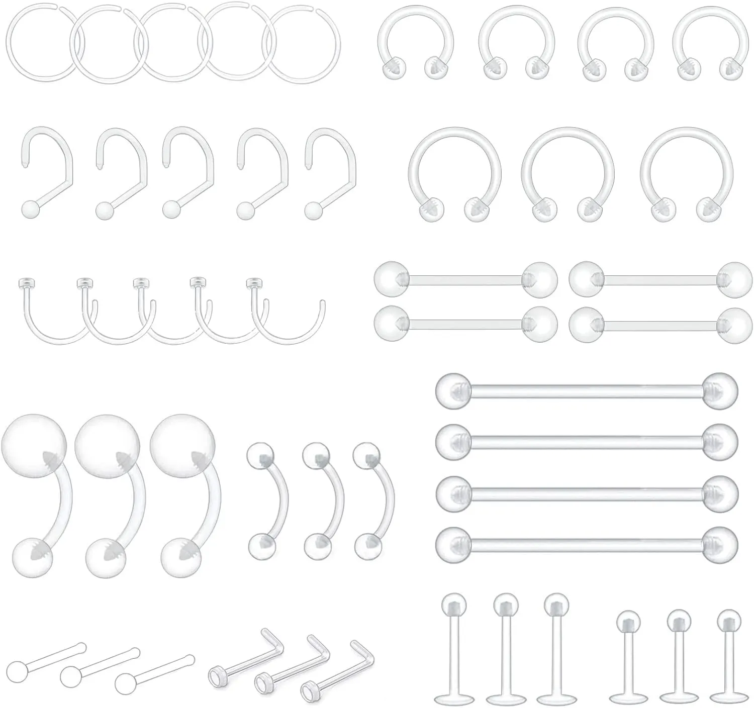 48pcs Clear Piercing Retainers Bioflex Nose Tongue Belly nipple rings Plastic Earings Eyebrow Cartilage Tragus Lip Septum Hoop Nose Stud Industrial Bar Piercing Jewelry For Surgery.