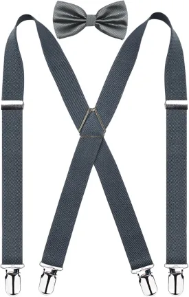 Alizeal Men's 4 Clips X-Back Solid Suspenders Pre Tied Bow Tie Set Elastic Adjustable Braces