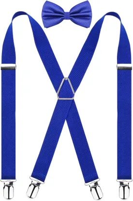 Alizeal Men's 4 Clips X-Back Solid Suspenders Pre Tied Bow Tie Set Elastic Adjustable Braces