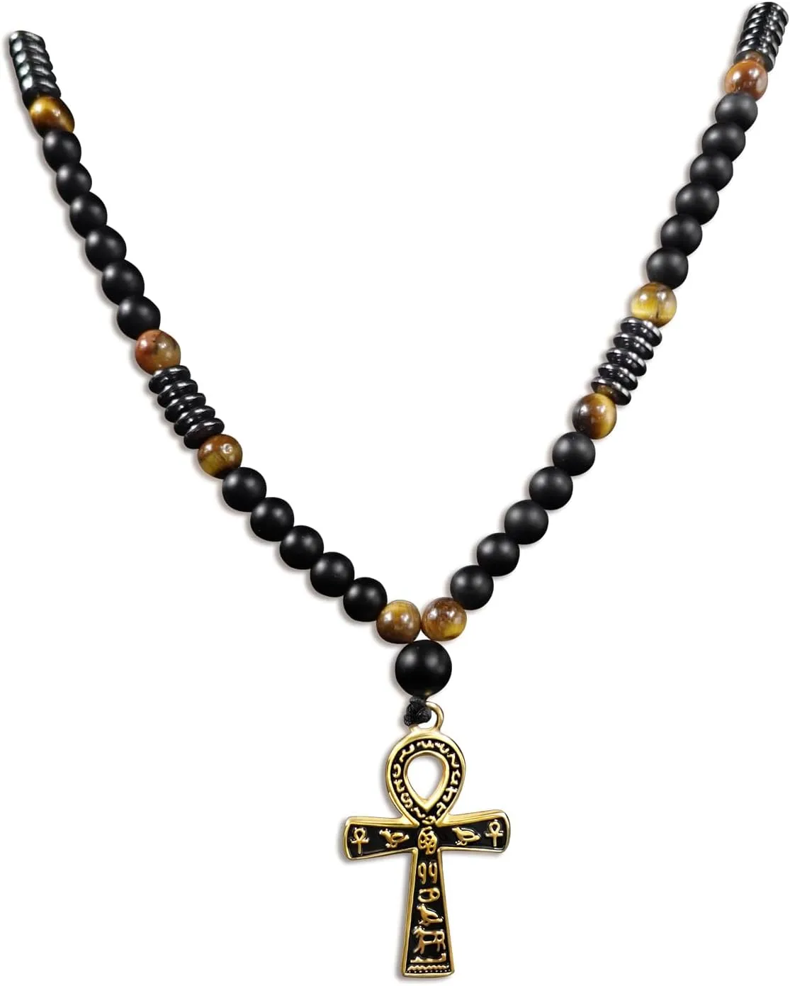Ankh Cross Pendant Ancient Egyptian Hieroglyphic Symbol of Health and Eternal Life Men Cross Necklace with Tiger Eye Stone Obsidian Hematite Triple Protection Crystal Beads Chain