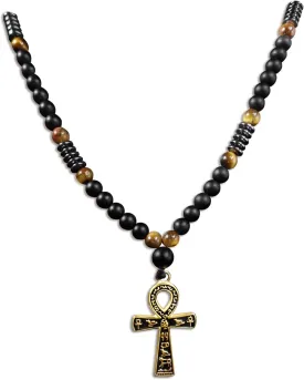 Ankh Cross Pendant Ancient Egyptian Hieroglyphic Symbol of Health and Eternal Life Men Cross Necklace with Tiger Eye Stone Obsidian Hematite Triple Protection Crystal Beads Chain