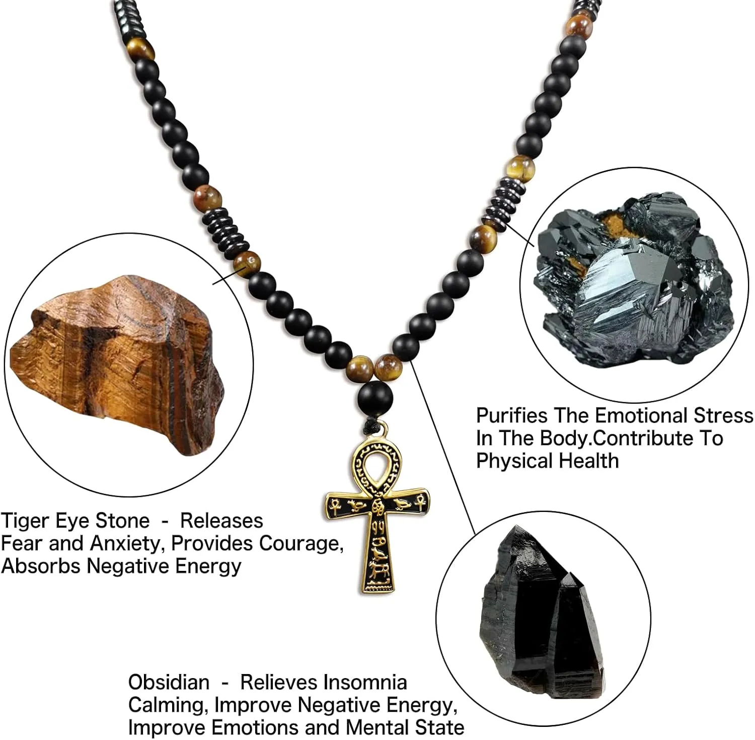 Ankh Cross Pendant Ancient Egyptian Hieroglyphic Symbol of Health and Eternal Life Men Cross Necklace with Tiger Eye Stone Obsidian Hematite Triple Protection Crystal Beads Chain