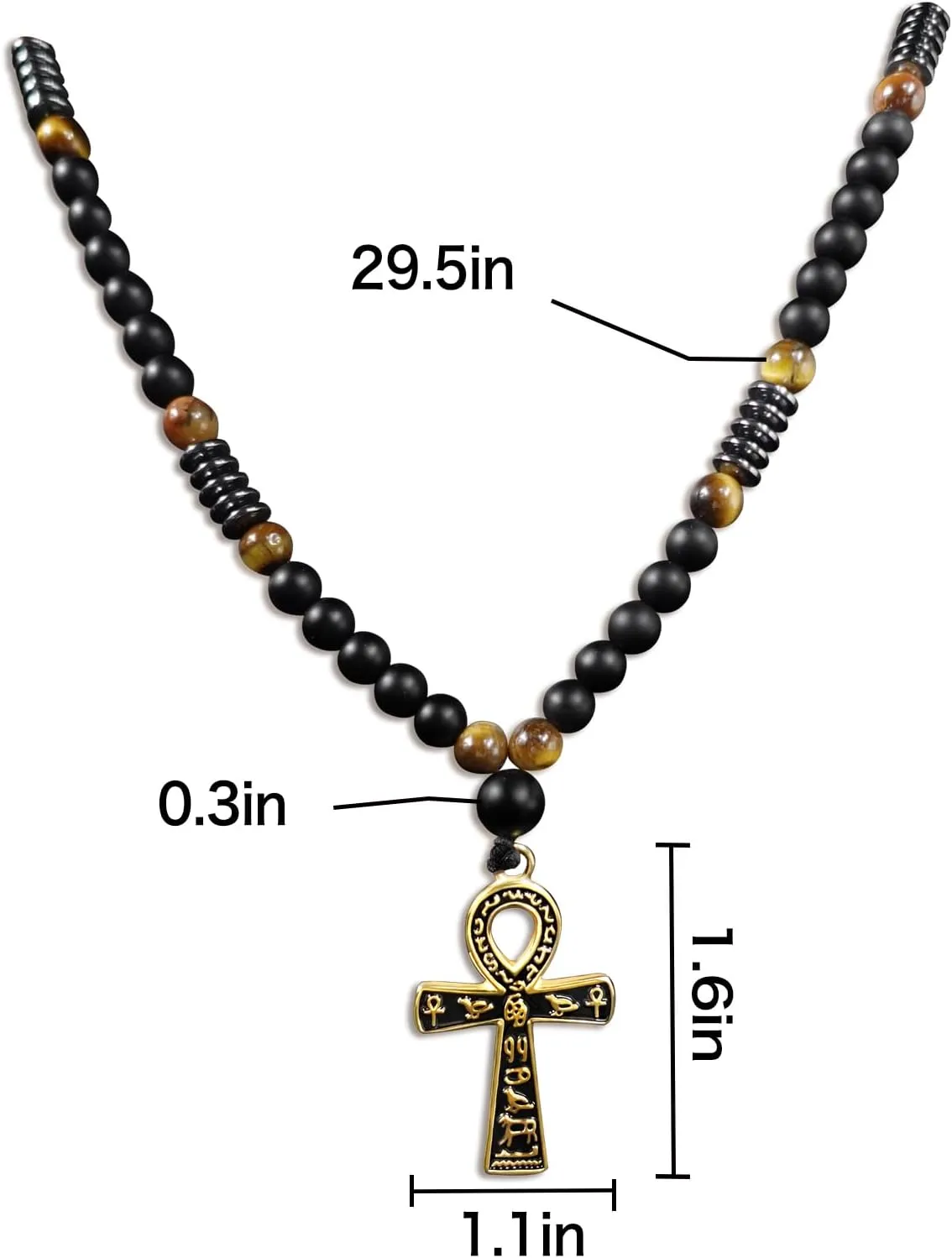 Ankh Cross Pendant Ancient Egyptian Hieroglyphic Symbol of Health and Eternal Life Men Cross Necklace with Tiger Eye Stone Obsidian Hematite Triple Protection Crystal Beads Chain