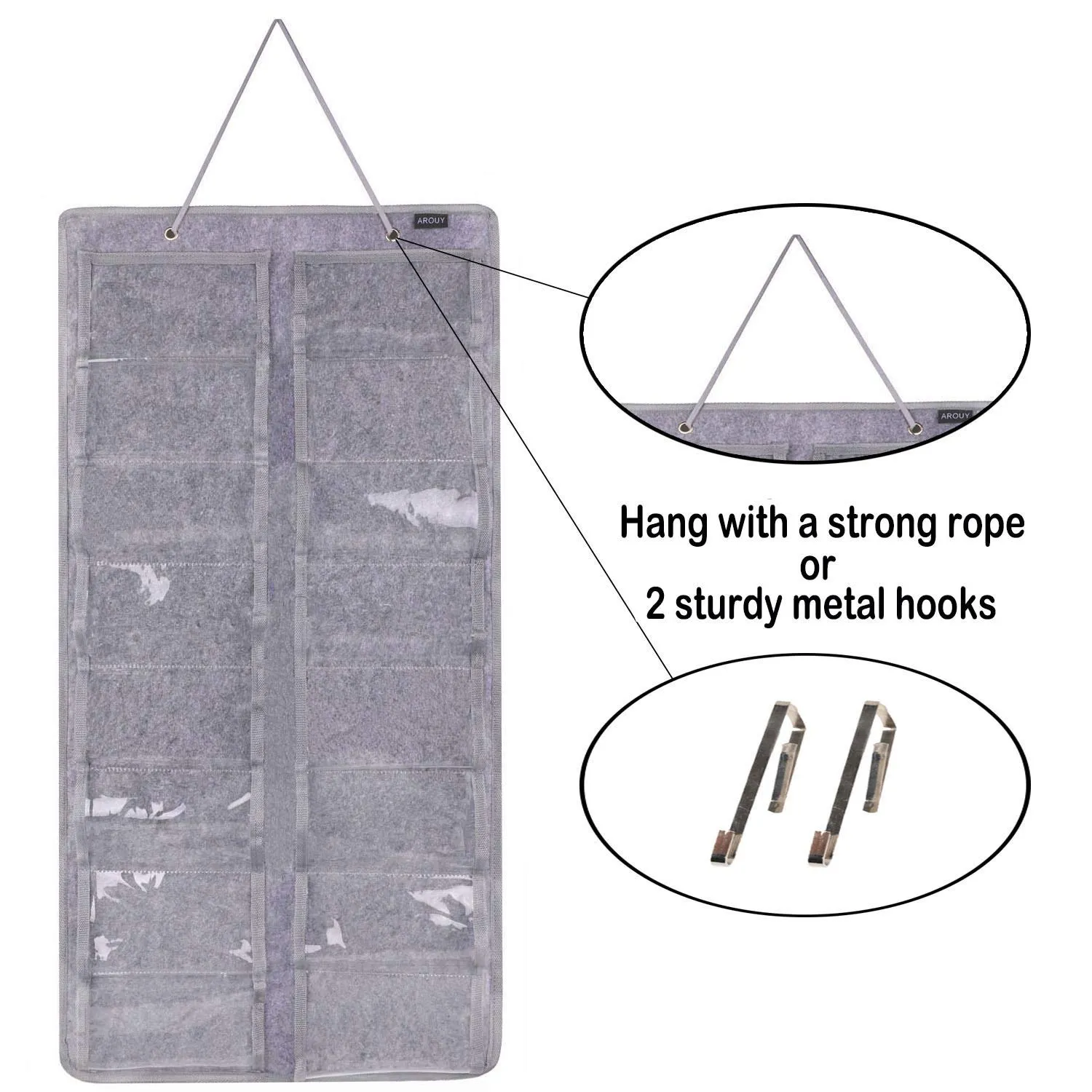 AROUY Sunglasses Organizer Storage, Hanging Dust Proof Wall Pocket Glasses Organizer - 16 Felt Slots Sunglass Organizer Holder with Metal Hook and Sturdy Rope (Gray, Dust Proof) Gray, Dust Proof