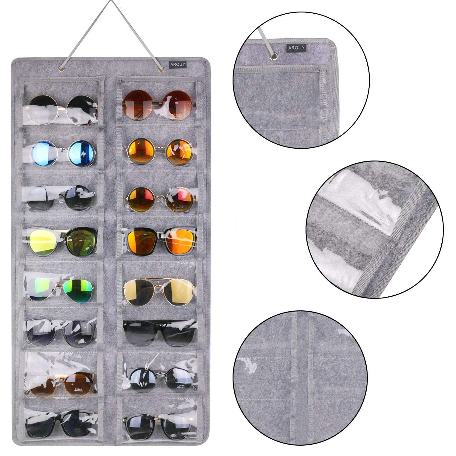 AROUY Sunglasses Organizer Storage, Hanging Dust Proof Wall Pocket Glasses Organizer - 16 Felt Slots Sunglass Organizer Holder with Metal Hook and Sturdy Rope (Gray, Dust Proof) Gray, Dust Proof