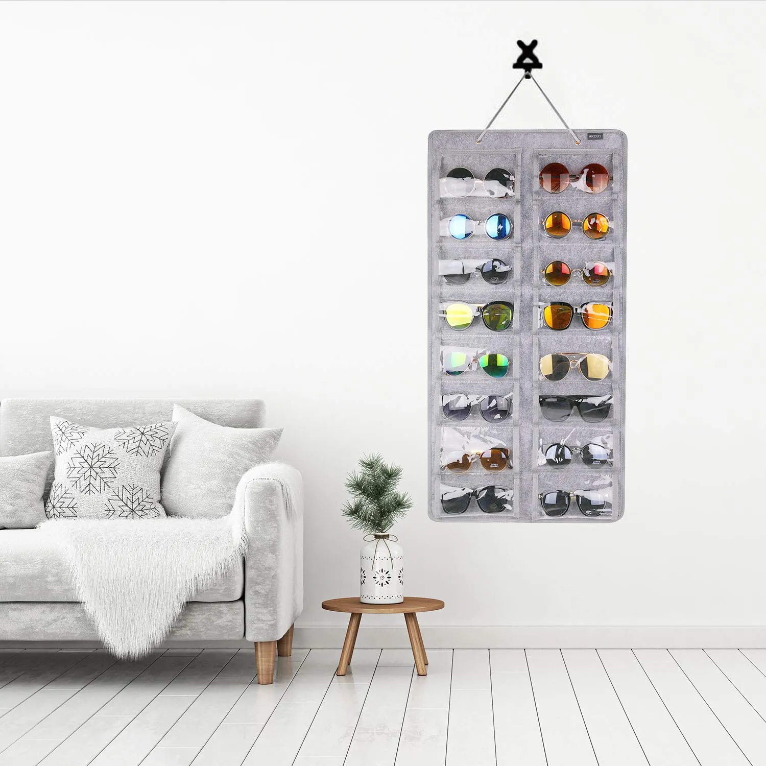 AROUY Sunglasses Organizer Storage, Hanging Dust Proof Wall Pocket Glasses Organizer - 16 Felt Slots Sunglass Organizer Holder with Metal Hook and Sturdy Rope (Gray, Dust Proof) Gray, Dust Proof