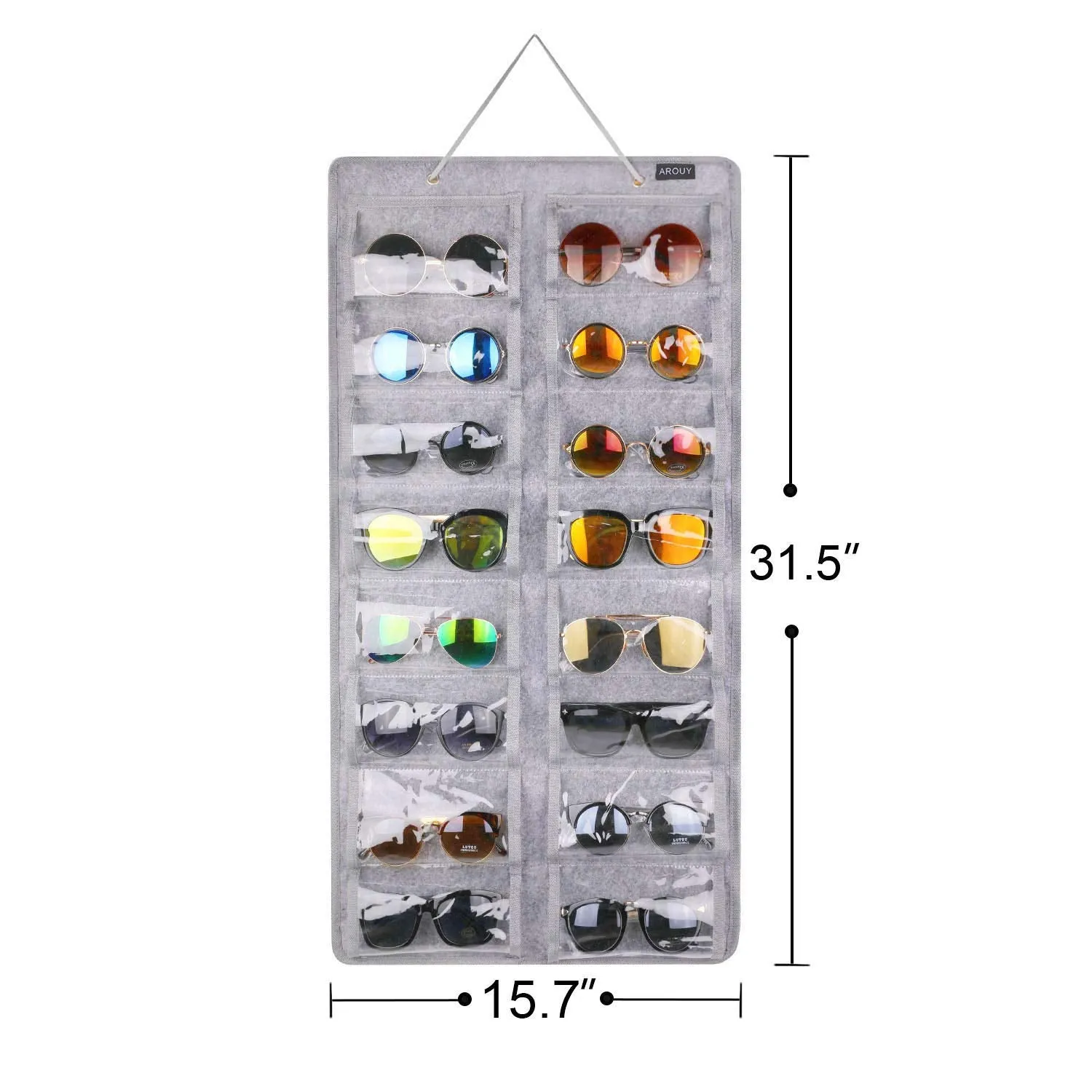 AROUY Sunglasses Organizer Storage, Hanging Dust Proof Wall Pocket Glasses Organizer - 16 Felt Slots Sunglass Organizer Holder with Metal Hook and Sturdy Rope (Gray, Dust Proof) Gray, Dust Proof