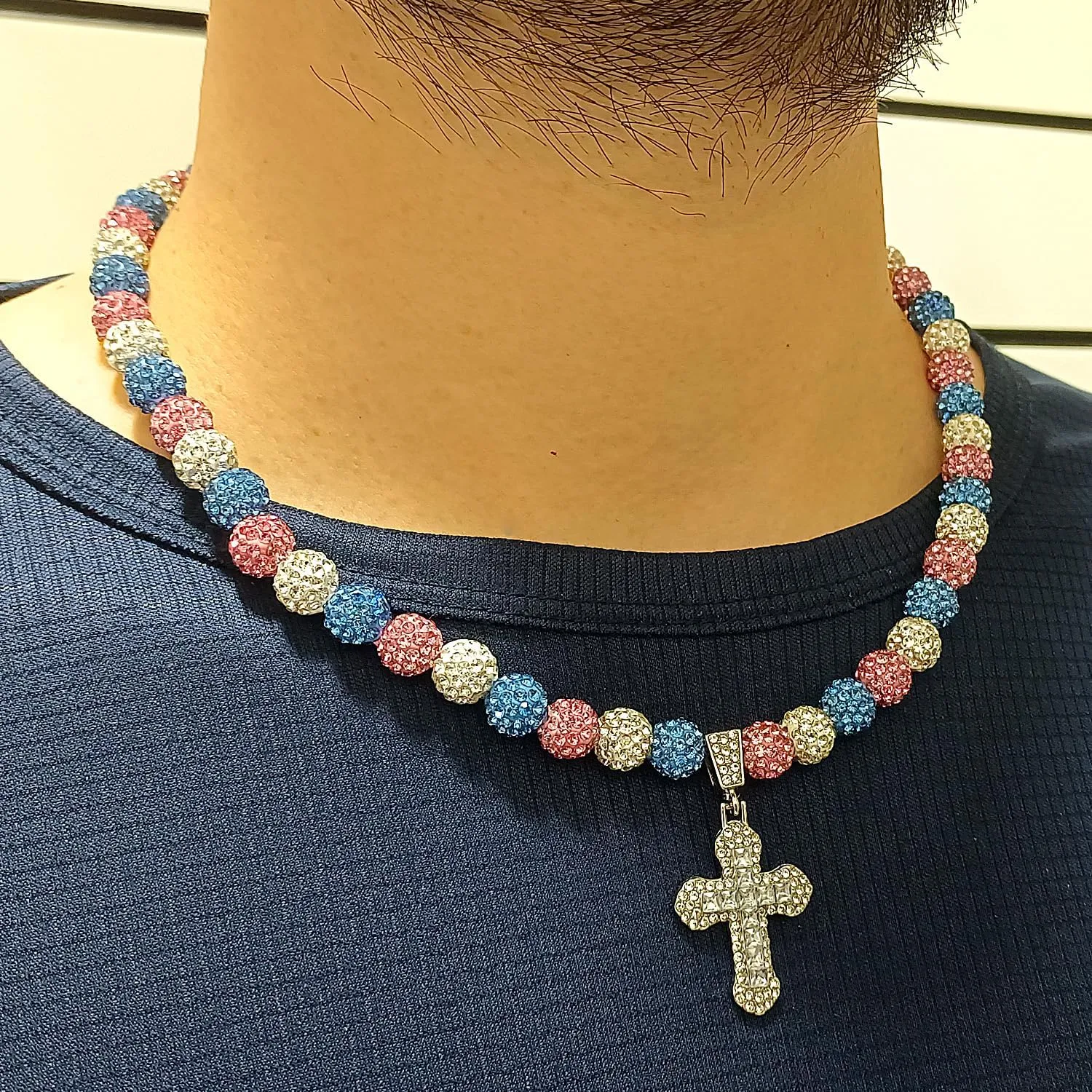 Baseball Necklace for Men 18 Inch Bling Ice Collection Baseball Cross Pendant Necklace for Women Rhinestone Clay Beaded Discoball Baseball Accessories Gifts for Baseball Team Players Lovers