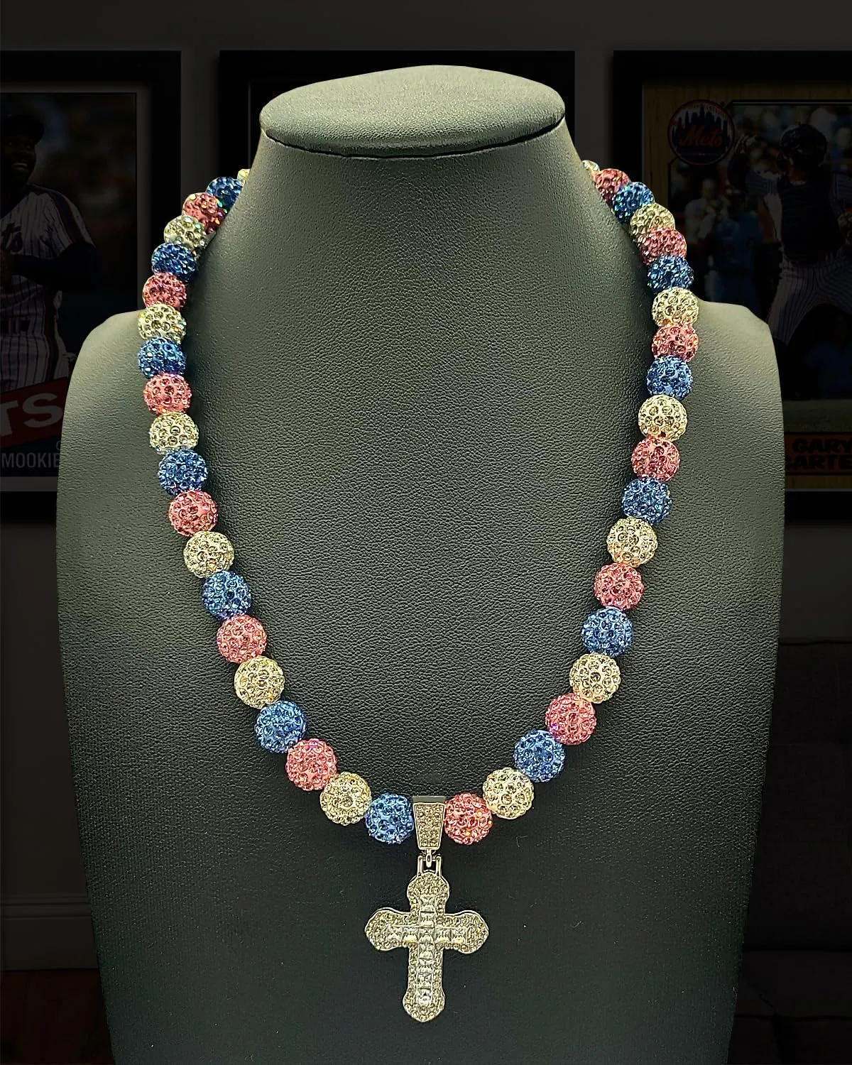 Baseball Necklace for Men 18 Inch Bling Ice Collection Baseball Cross Pendant Necklace for Women Rhinestone Clay Beaded Discoball Baseball Accessories Gifts for Baseball Team Players Lovers