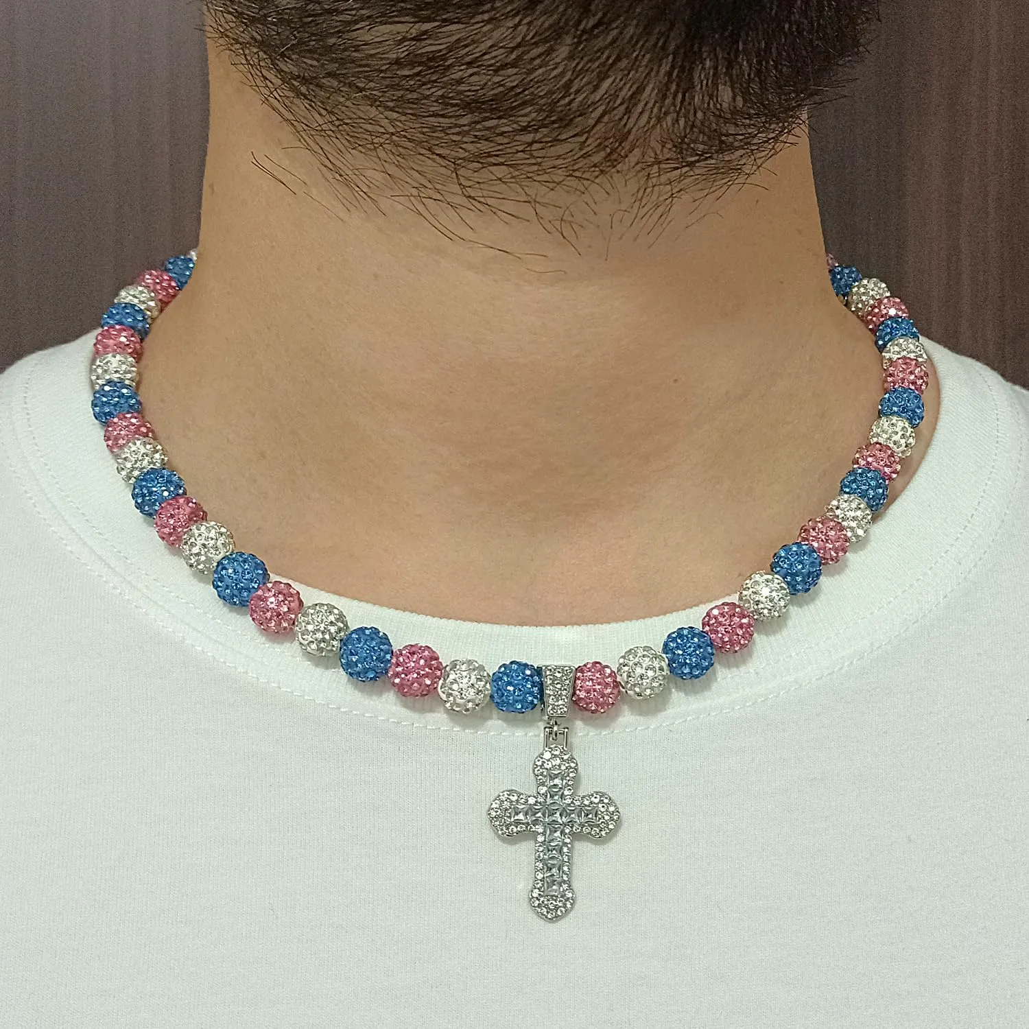 Baseball Necklace for Men 18 Inch Bling Ice Collection Baseball Cross Pendant Necklace for Women Rhinestone Clay Beaded Discoball Baseball Accessories Gifts for Baseball Team Players Lovers