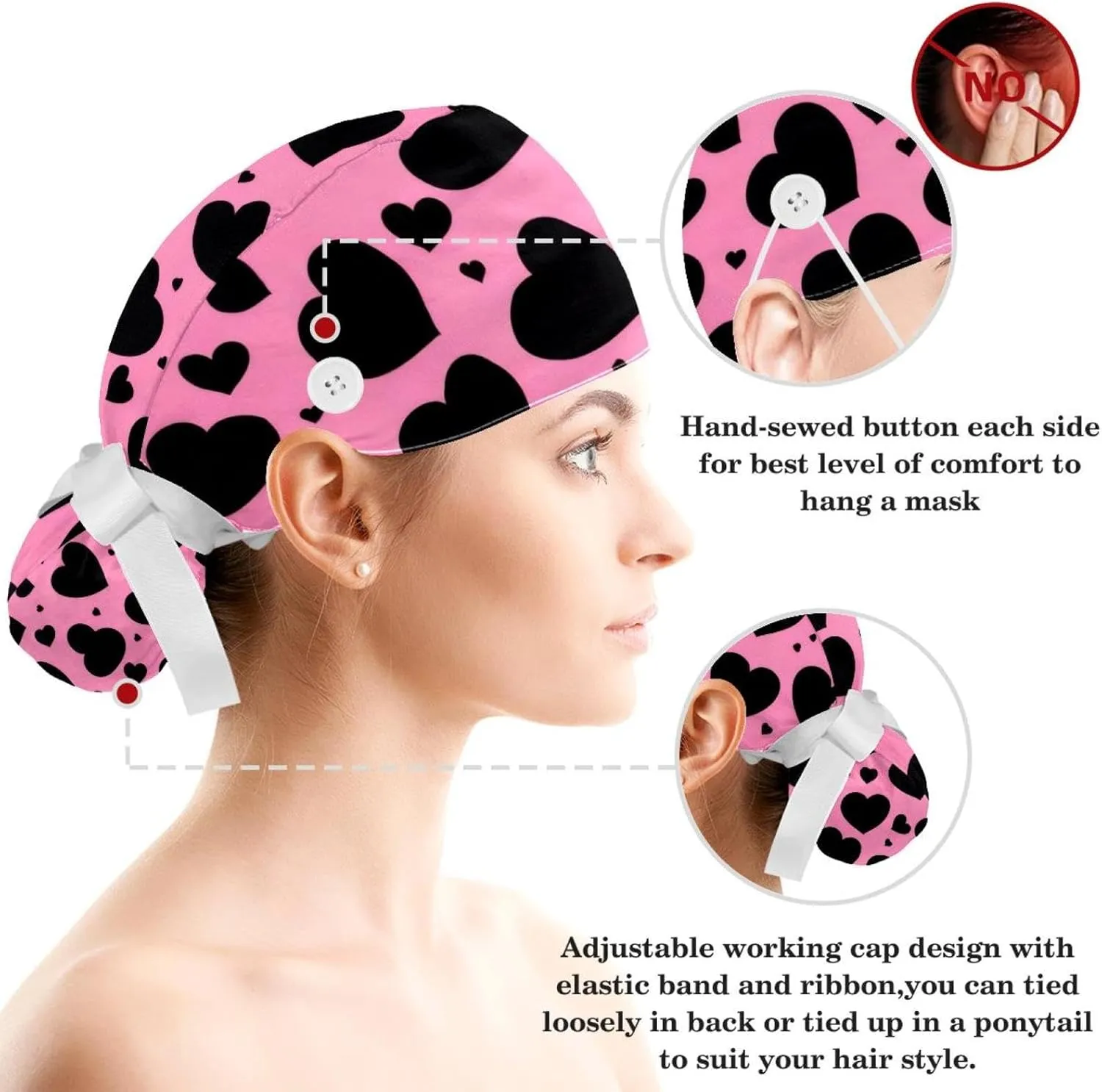 Bear Hearts Scrub Cap Surgical Nurse Cap Women Long Hair Ponytail Pouch Tie Back Hats
