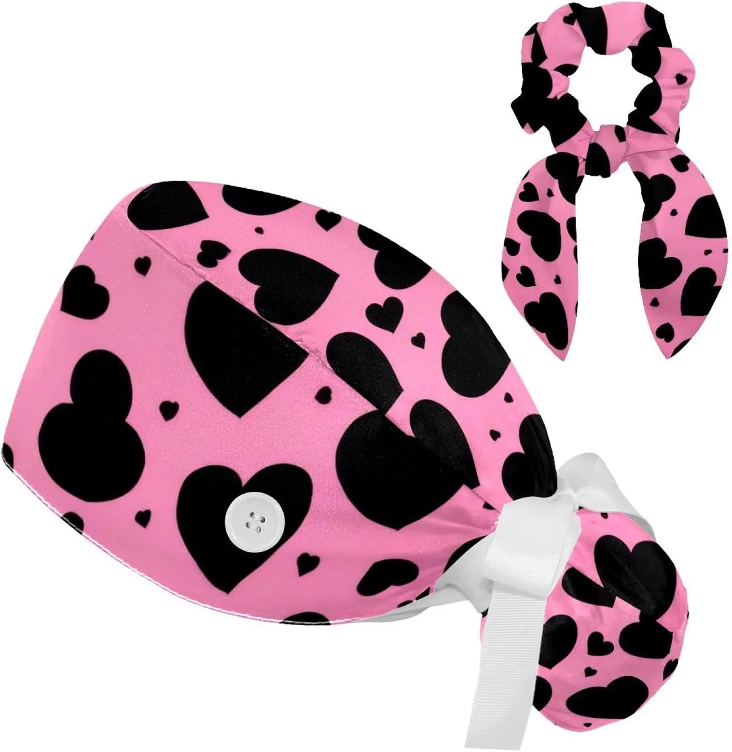 Bear Hearts Scrub Cap Surgical Nurse Cap Women Long Hair Ponytail Pouch Tie Back Hats