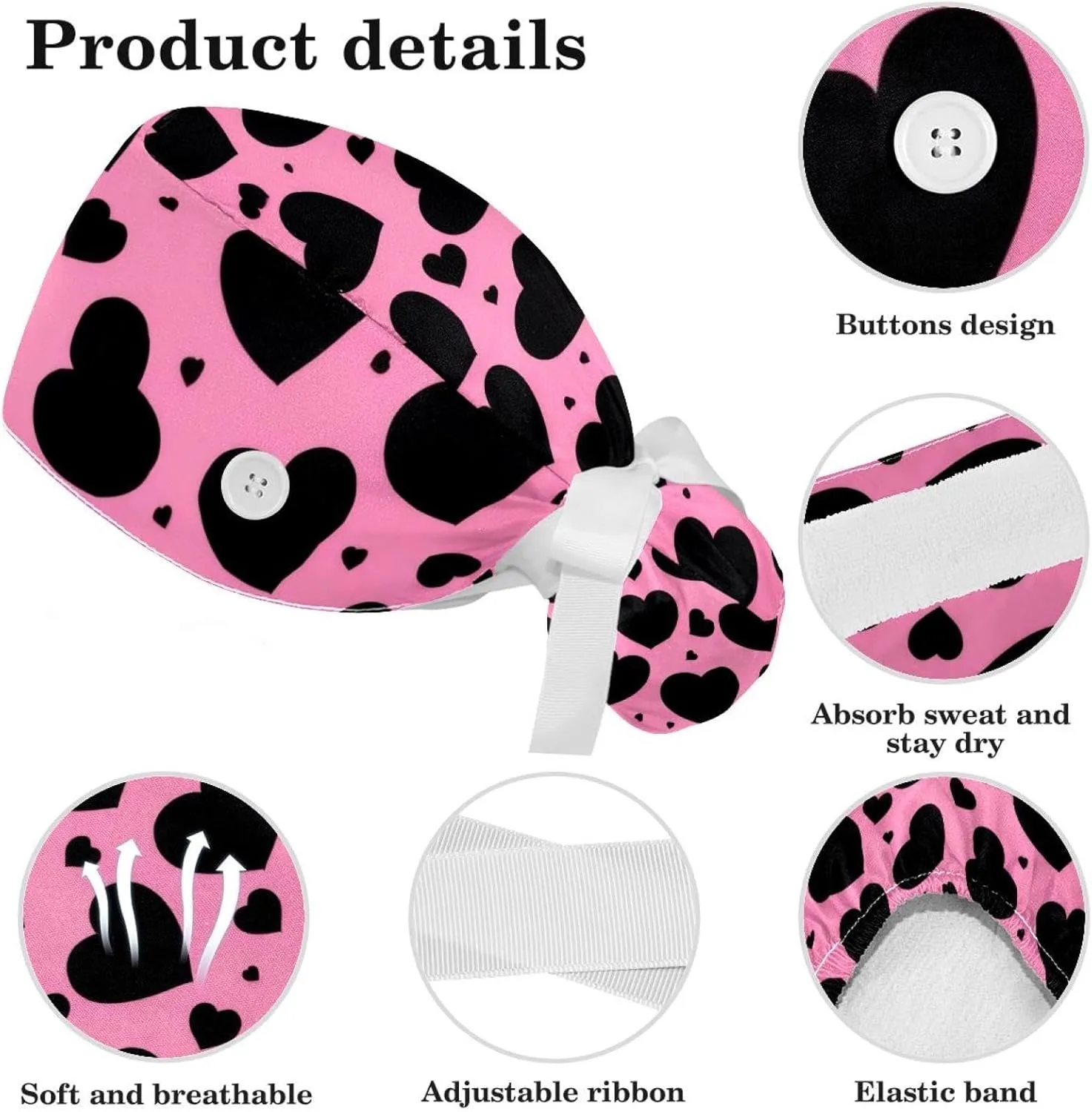 Bear Hearts Scrub Cap Surgical Nurse Cap Women Long Hair Ponytail Pouch Tie Back Hats