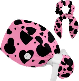 Bear Hearts Scrub Cap Surgical Nurse Cap Women Long Hair Ponytail Pouch Tie Back Hats