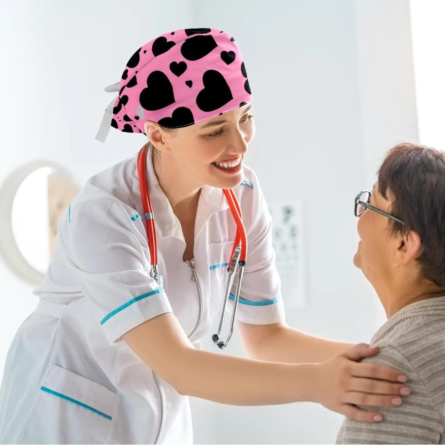 Bear Hearts Scrub Cap Surgical Nurse Cap Women Long Hair Ponytail Pouch Tie Back Hats