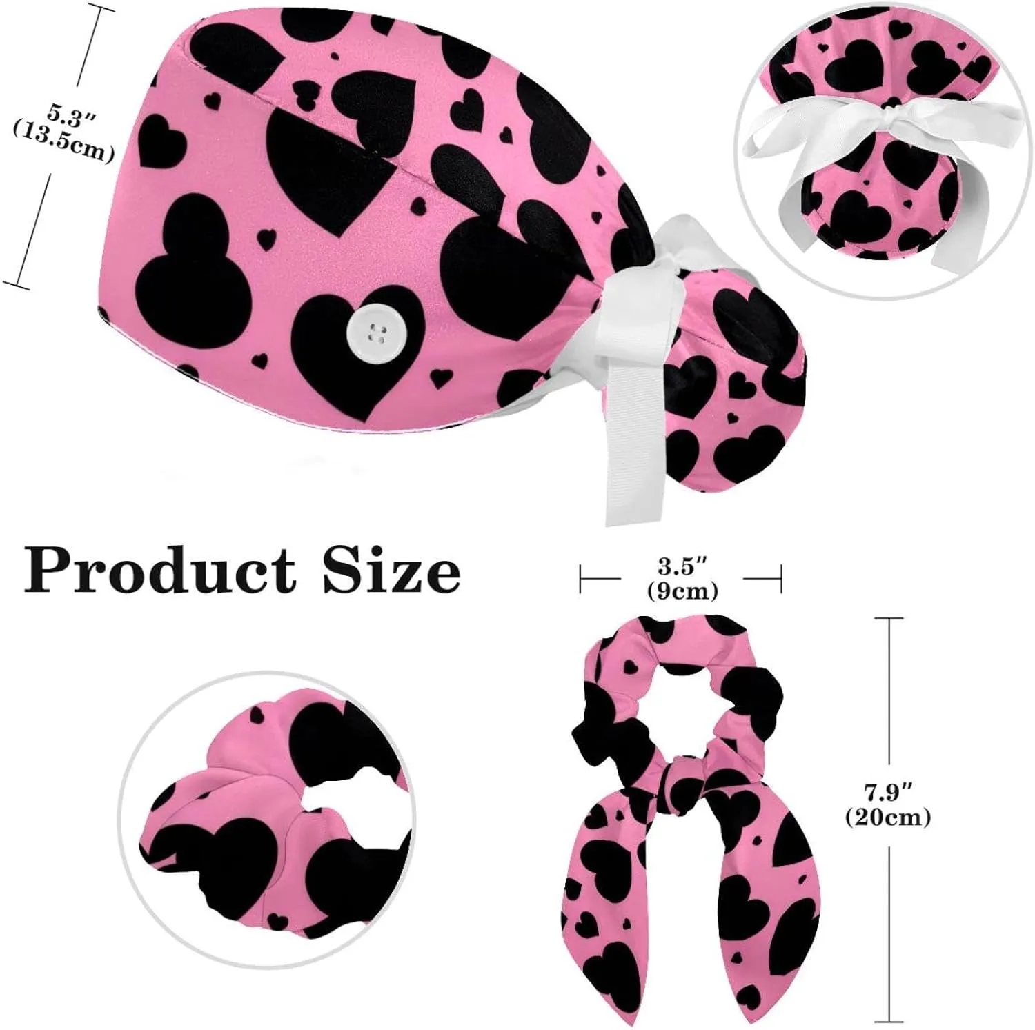 Bear Hearts Scrub Cap Surgical Nurse Cap Women Long Hair Ponytail Pouch Tie Back Hats