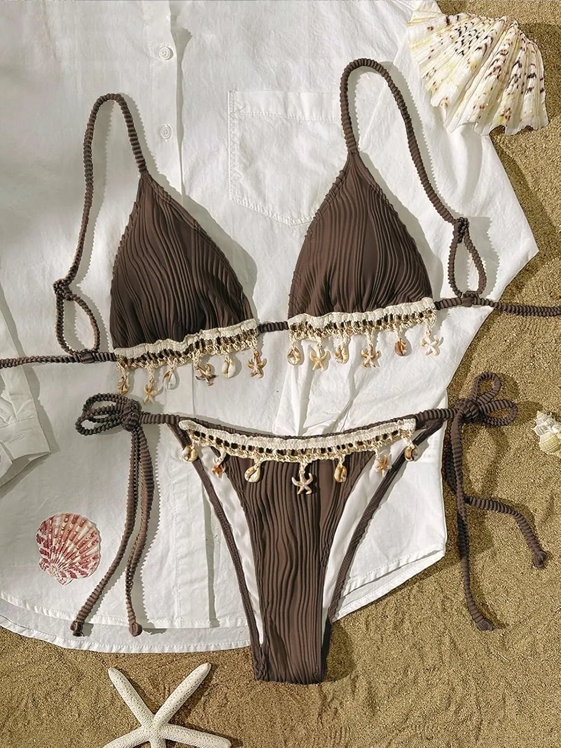 BIKINX Triangle Bikini Sets for Women Seashell Halter Swimsuit Tie Back Two Piece Bathing Suit String Swimwear
