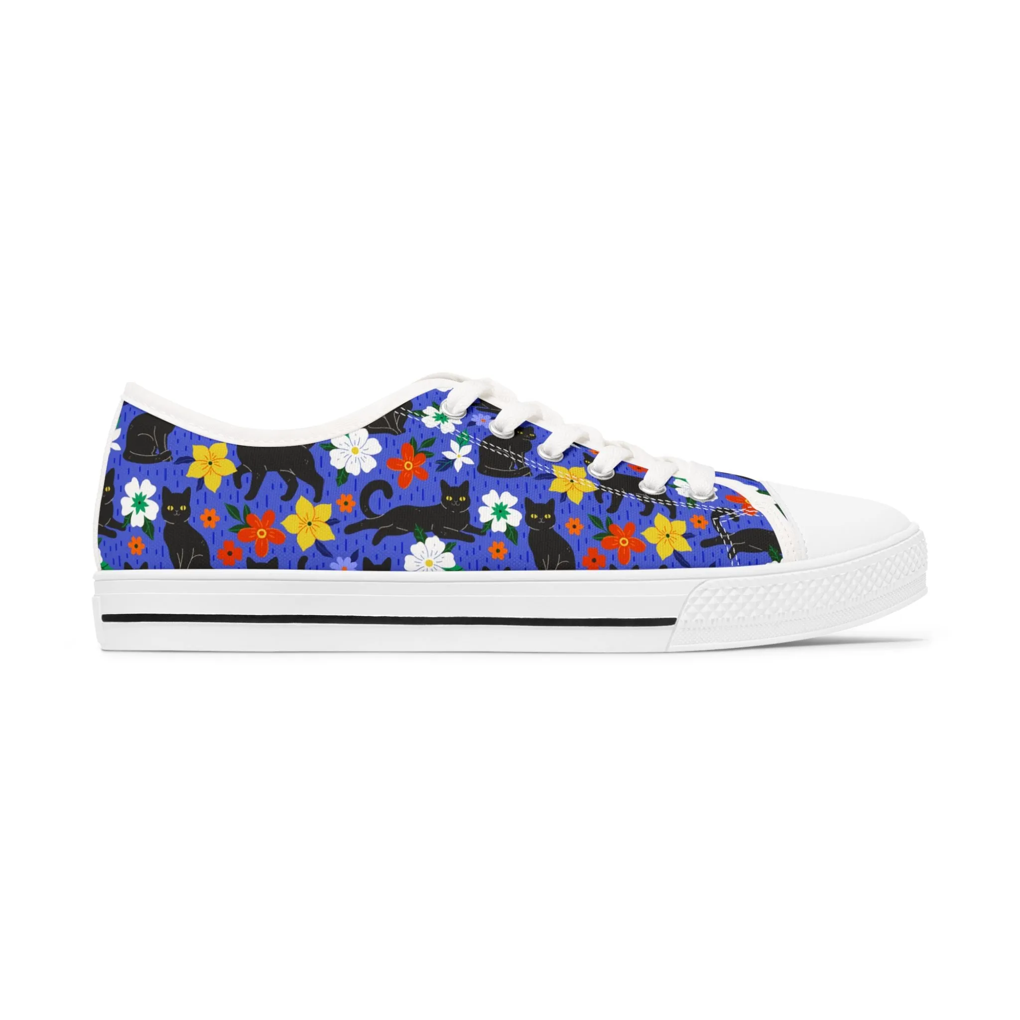 Black Kitty and Colorful Flowers Women's Low Top Sneakers