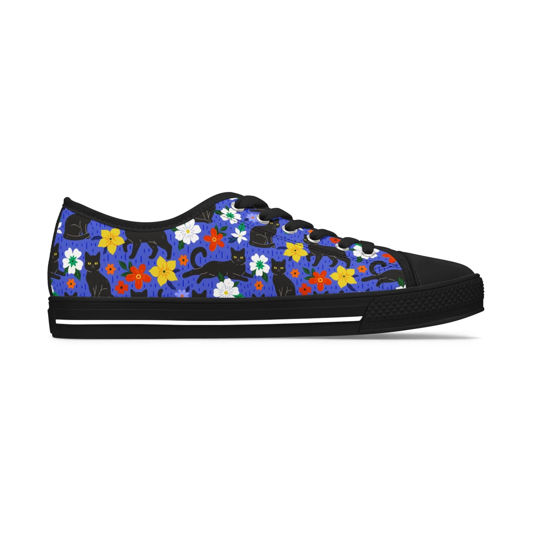 Black Kitty and Colorful Flowers Women's Low Top Sneakers
