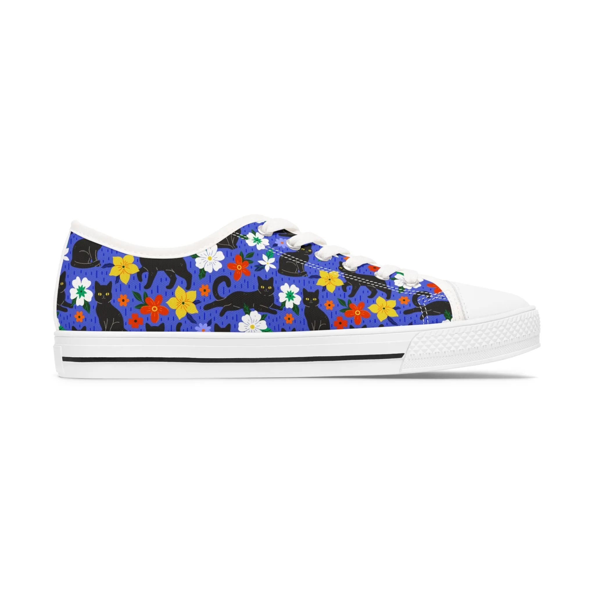 Black Kitty and Colorful Flowers Women's Low Top Sneakers
