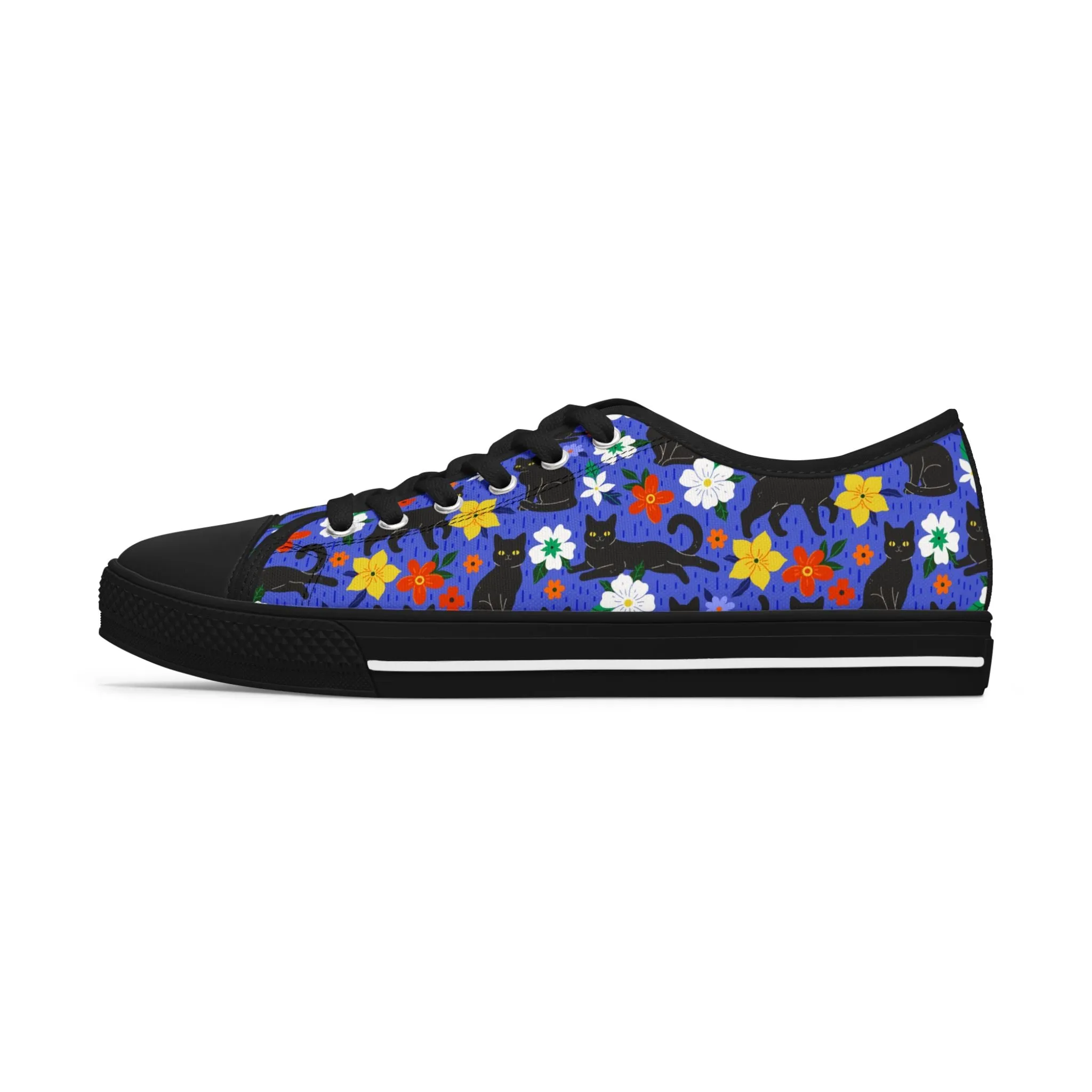 Black Kitty and Colorful Flowers Women's Low Top Sneakers