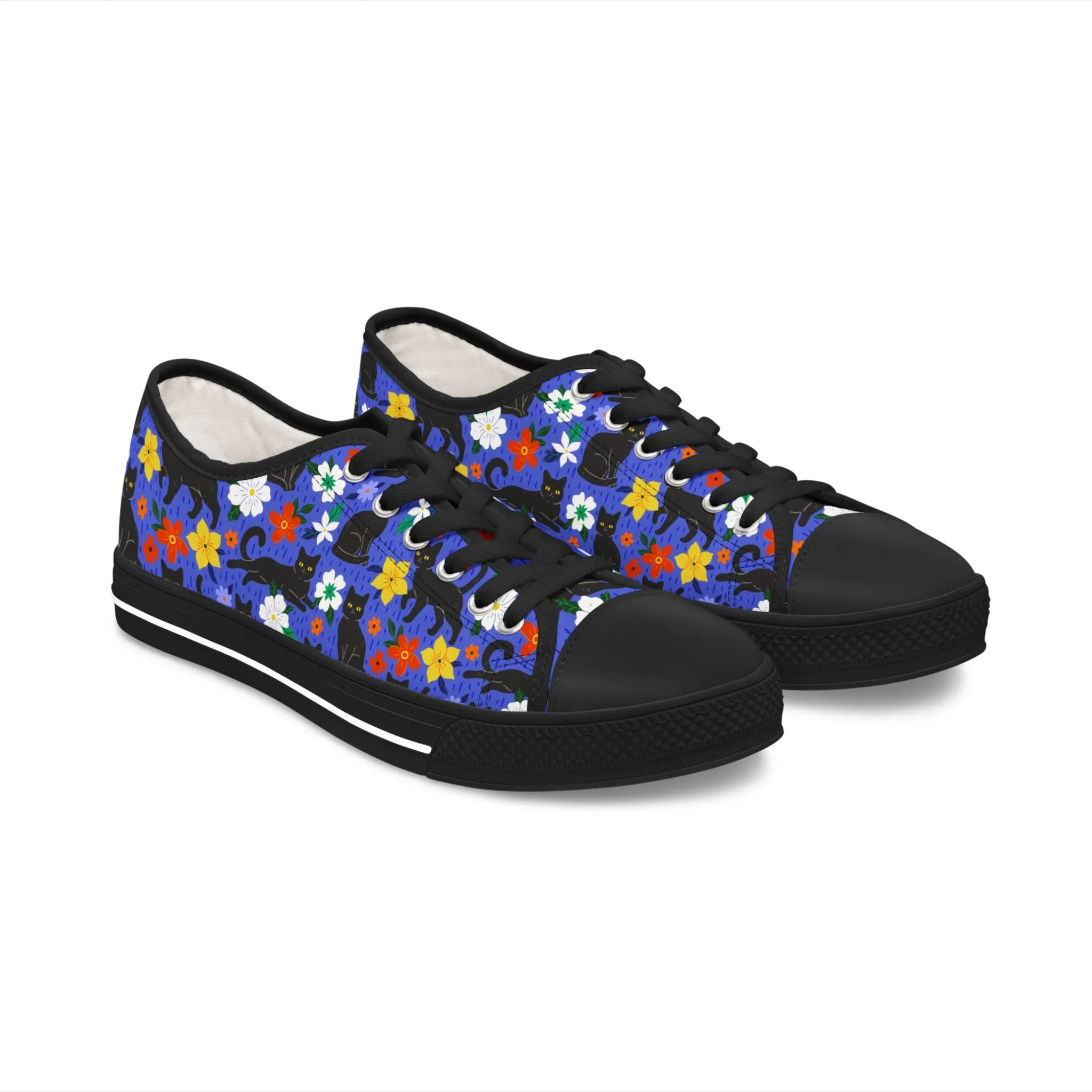 Black Kitty and Colorful Flowers Women's Low Top Sneakers