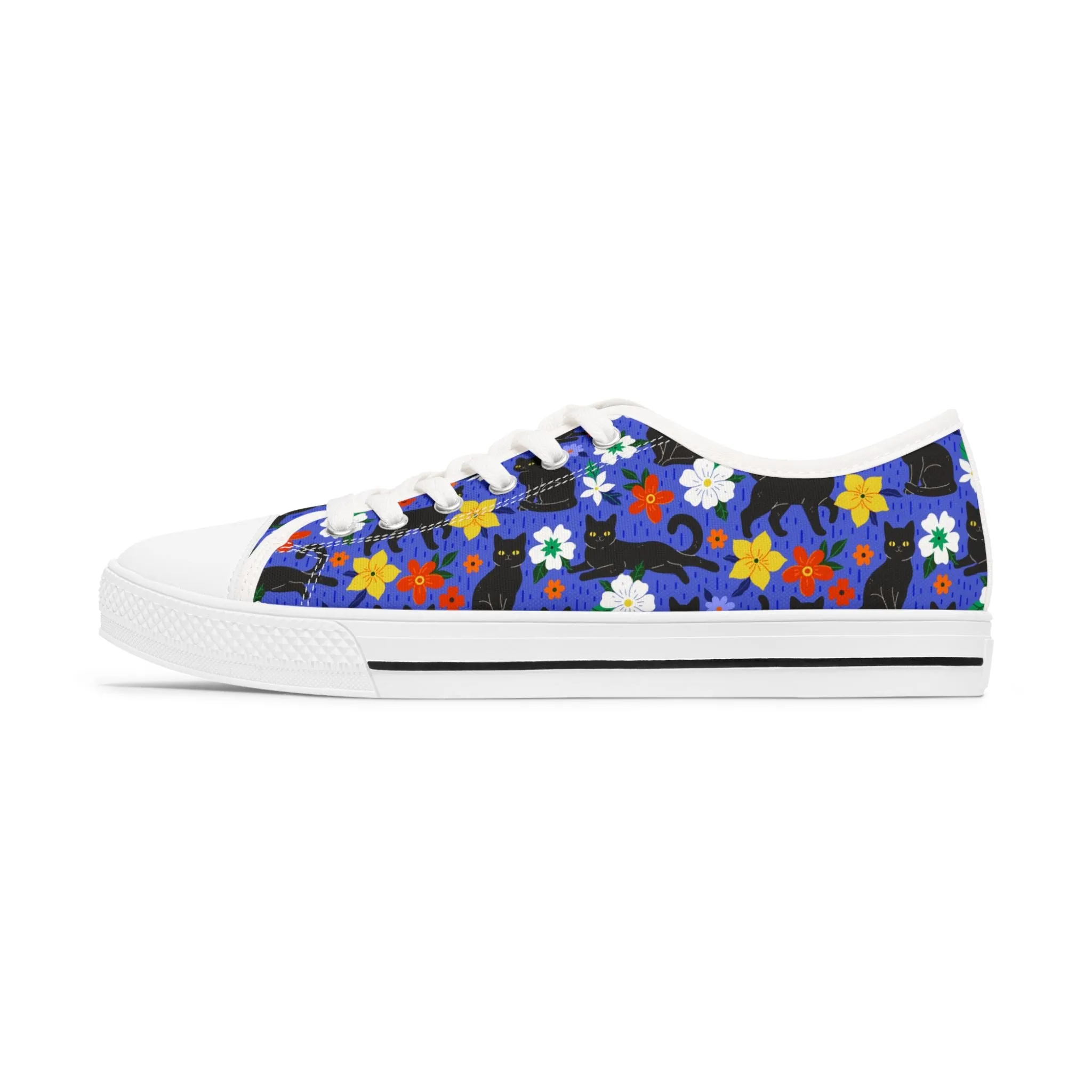 Black Kitty and Colorful Flowers Women's Low Top Sneakers