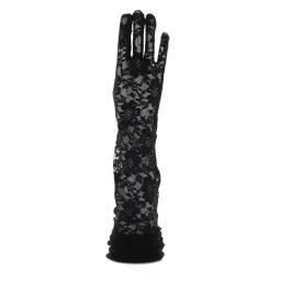 Black Over The Elbow Long Lace Floral Print Gloves