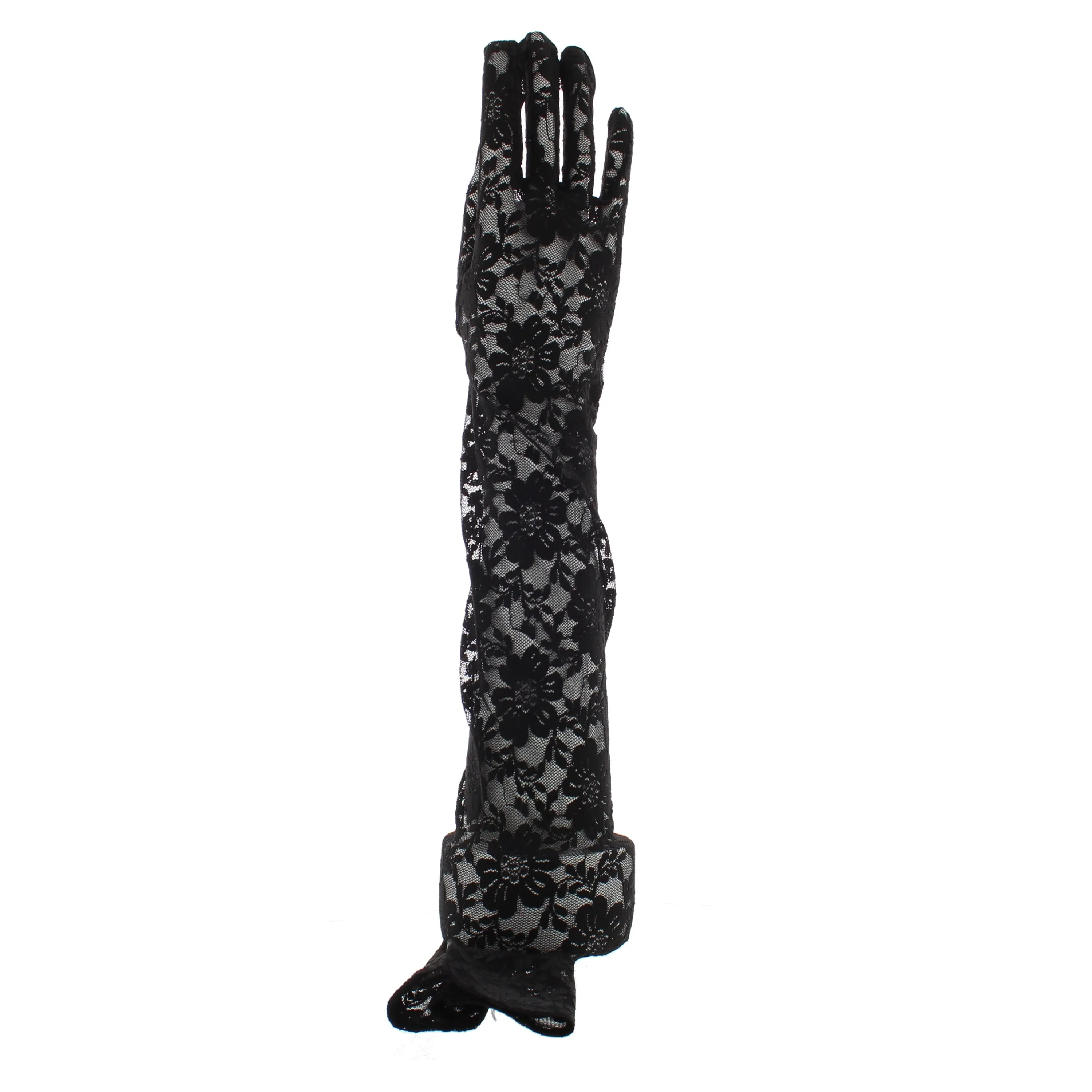 Black Over The Elbow Long Lace Floral Print Gloves