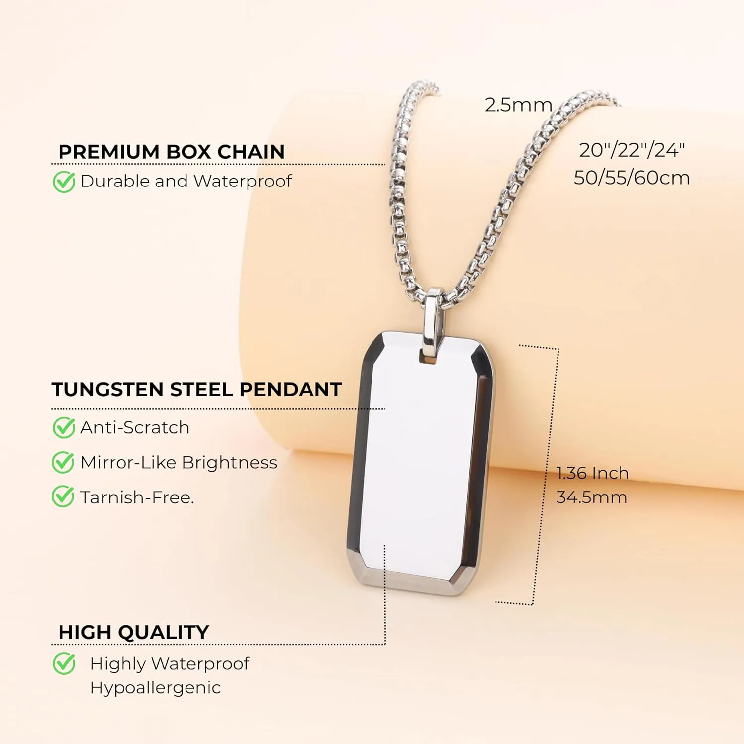 COAI Dog Tag Necklace for Men, Stainless Steel Box Chain Tungsten Necklace for Men