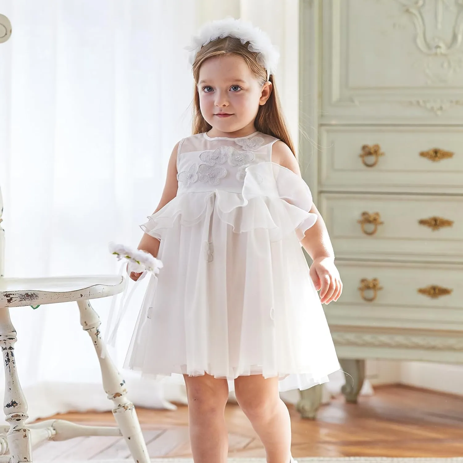 DAVE&BELLA Toddler Girls Tutu Dress, Tulle Ruffled Sleeveless Princess Dresses Summer Flower Sundress Wedding Birthday Party