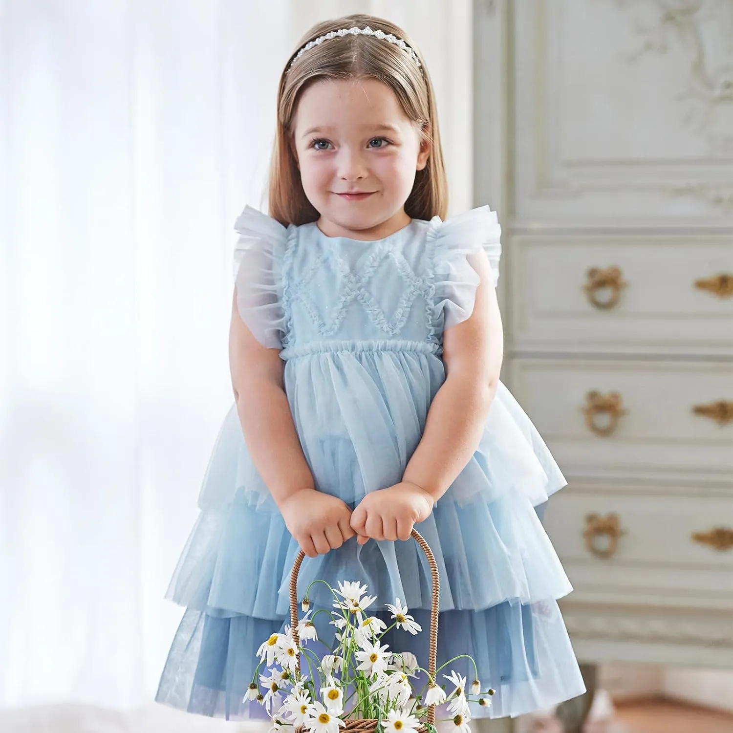 DAVE&BELLA Toddler Girls Tutu Dress, Tulle Ruffled Sleeveless Princess Dresses Summer Flower Sundress Wedding Birthday Party