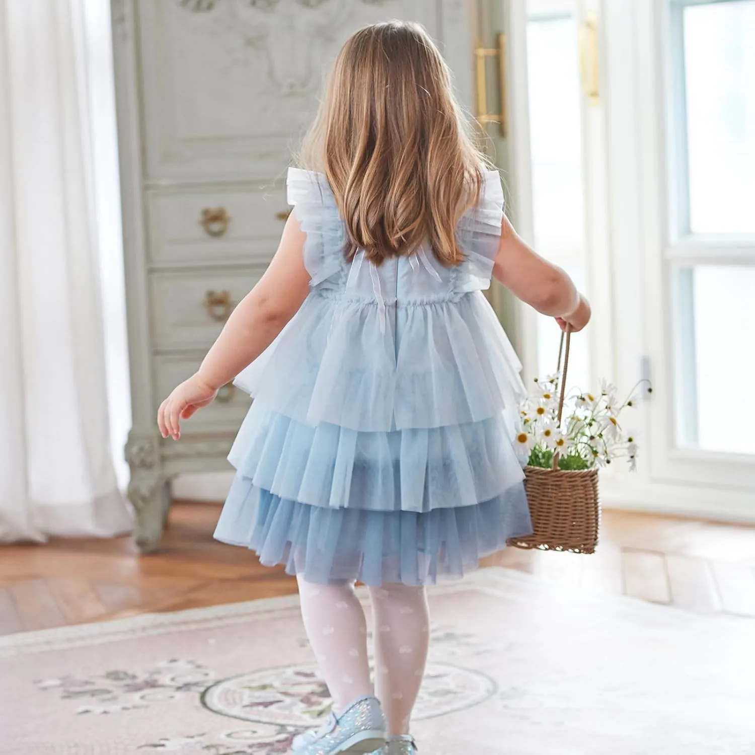 DAVE&BELLA Toddler Girls Tutu Dress, Tulle Ruffled Sleeveless Princess Dresses Summer Flower Sundress Wedding Birthday Party