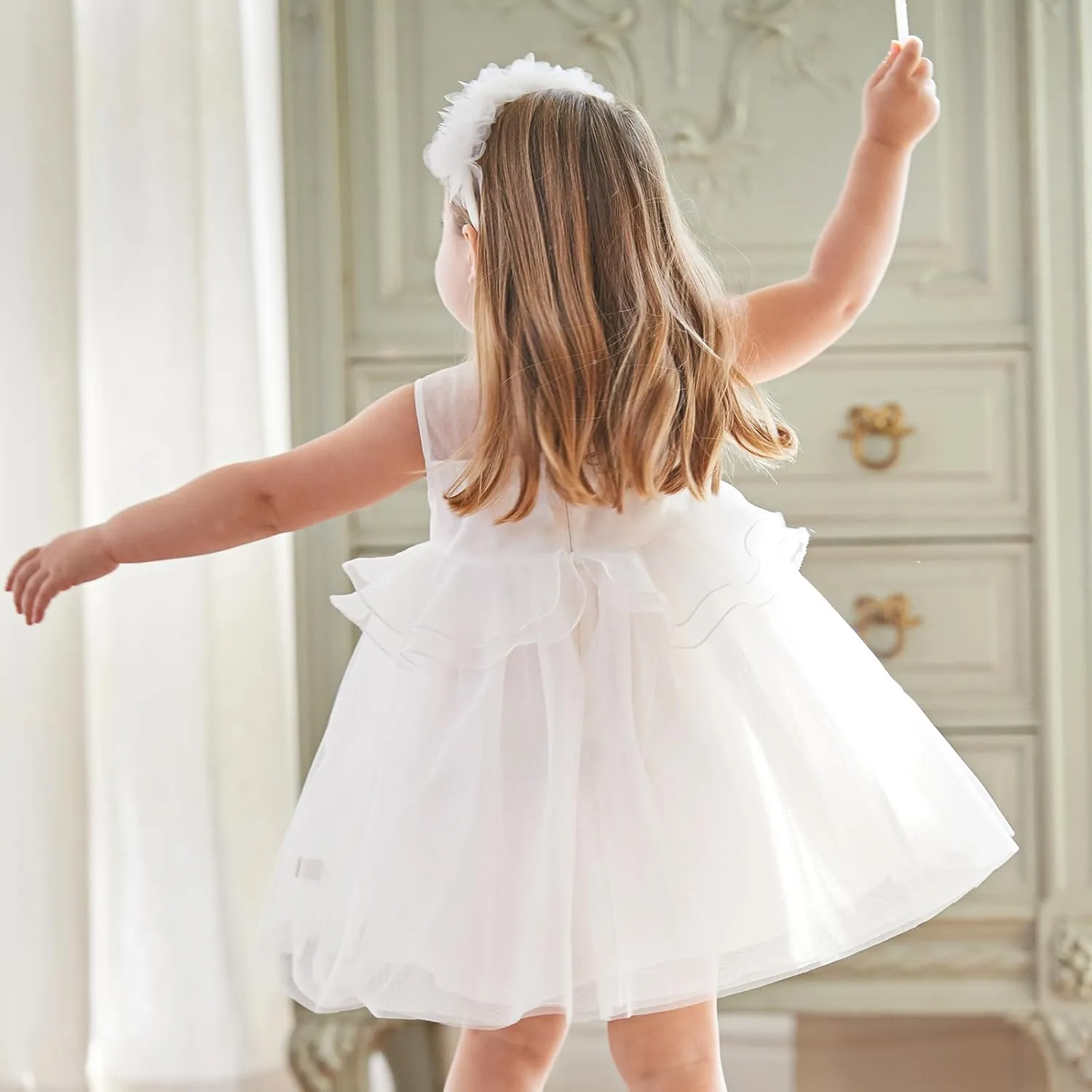 DAVE&BELLA Toddler Girls Tutu Dress, Tulle Ruffled Sleeveless Princess Dresses Summer Flower Sundress Wedding Birthday Party