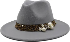 DHAEY Fashion Leopard Texture Pearl Wool Hat Men and Women Jazz Hat Autumn and Winter Versatile Felt Hat Flat Brim Hat with Leopard Belt Luopan Caps & Hats (Color : Light Grey, Size : 56-58cm)