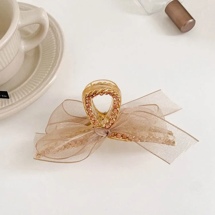 Elegant Rhinestone-Embellished Bowknot Hairpin with Mesh Lace Design