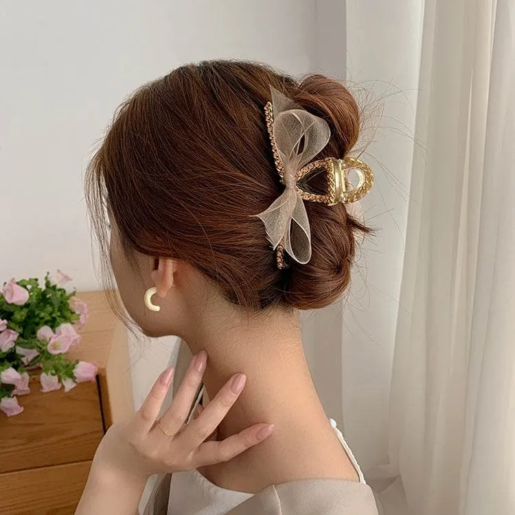 Elegant Rhinestone-Embellished Bowknot Hairpin with Mesh Lace Design