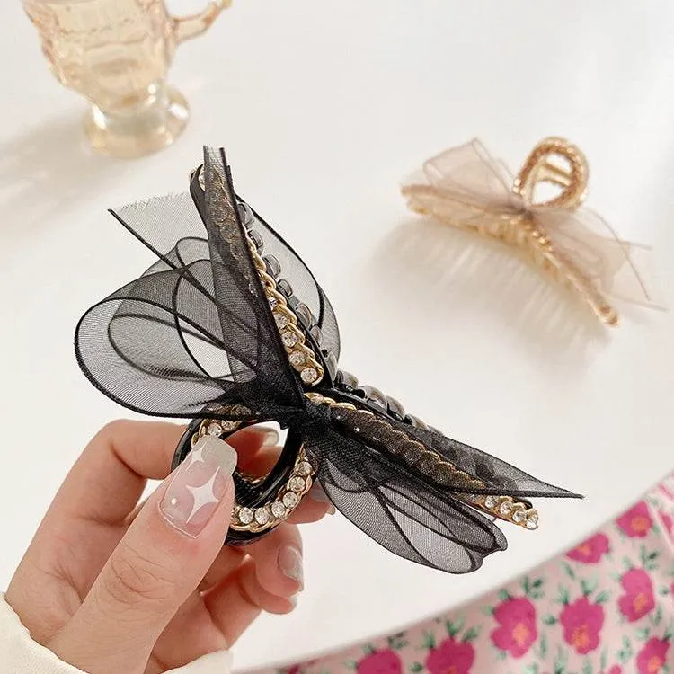 Elegant Rhinestone-Embellished Bowknot Hairpin with Mesh Lace Design