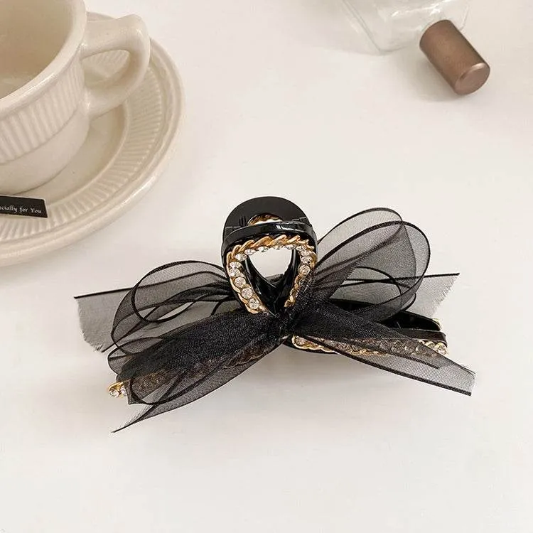 Elegant Rhinestone-Embellished Bowknot Hairpin with Mesh Lace Design