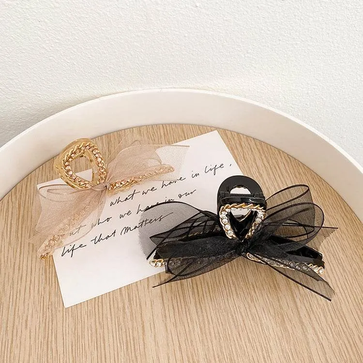 Elegant Rhinestone-Embellished Bowknot Hairpin with Mesh Lace Design