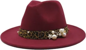 Fashion Leopard Texture Pearl Wool Hat Men and Women Jazz Hat Autumn and Winter Versatile Felt Hat Flat Brim Hat with Leopard Belt Fengyan Cowboy Hats (Color : Claret, Size : 59-61cm)