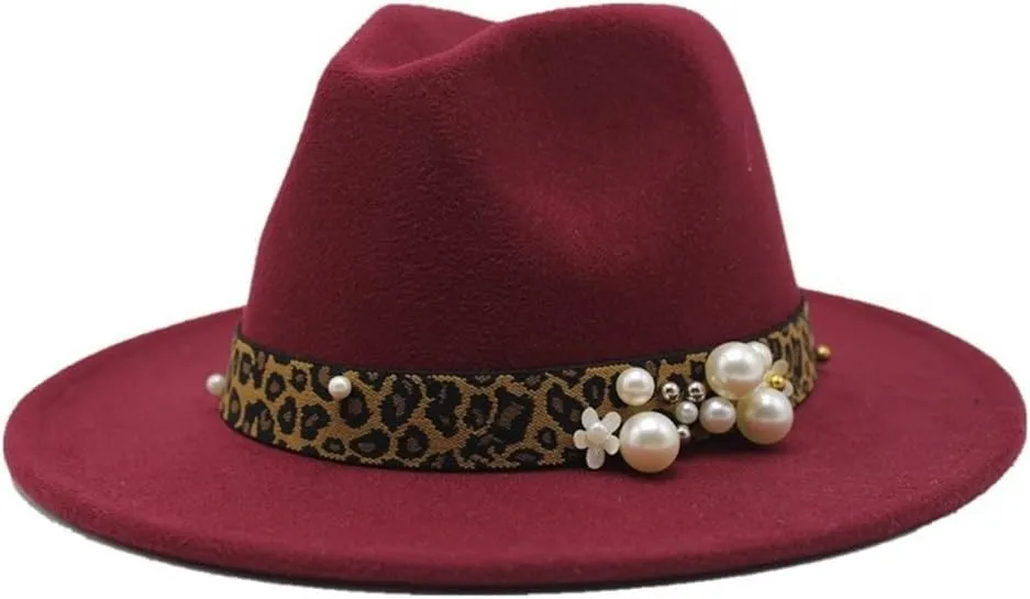 Fashion Leopard Texture Pearl Wool Hat Men and Women Jazz Hat Autumn and Winter Versatile Felt Hat Flat Brim Hat with Leopard Belt Fengyan Cowboy Hats (Color : Claret, Size : 59-61cm)