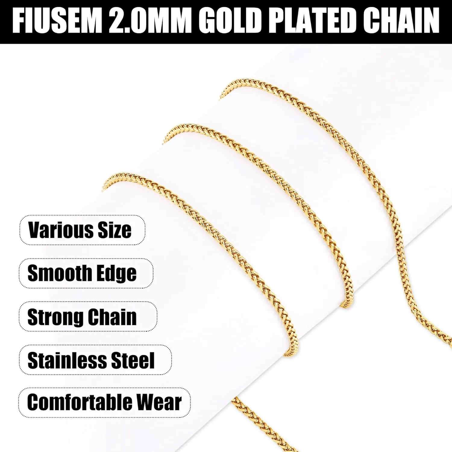 Fiusem Father's Day Gifts Gold Plated Wheat Chain Necklace for Men, 2/2.5/3/4/5mm Gold Stainless Steel Necklace Chains for Men and Women 16-28 Inch, Fathers Day Gifts for Dad