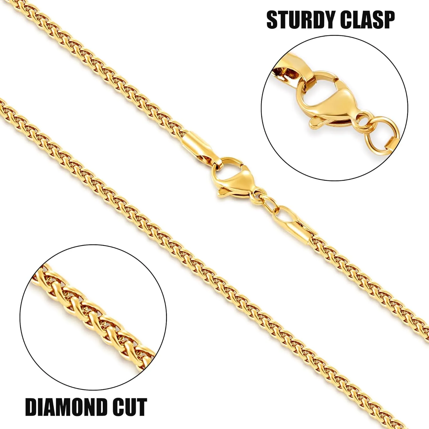 Fiusem Father's Day Gifts Gold Plated Wheat Chain Necklace for Men, 2/2.5/3/4/5mm Gold Stainless Steel Necklace Chains for Men and Women 16-28 Inch, Fathers Day Gifts for Dad