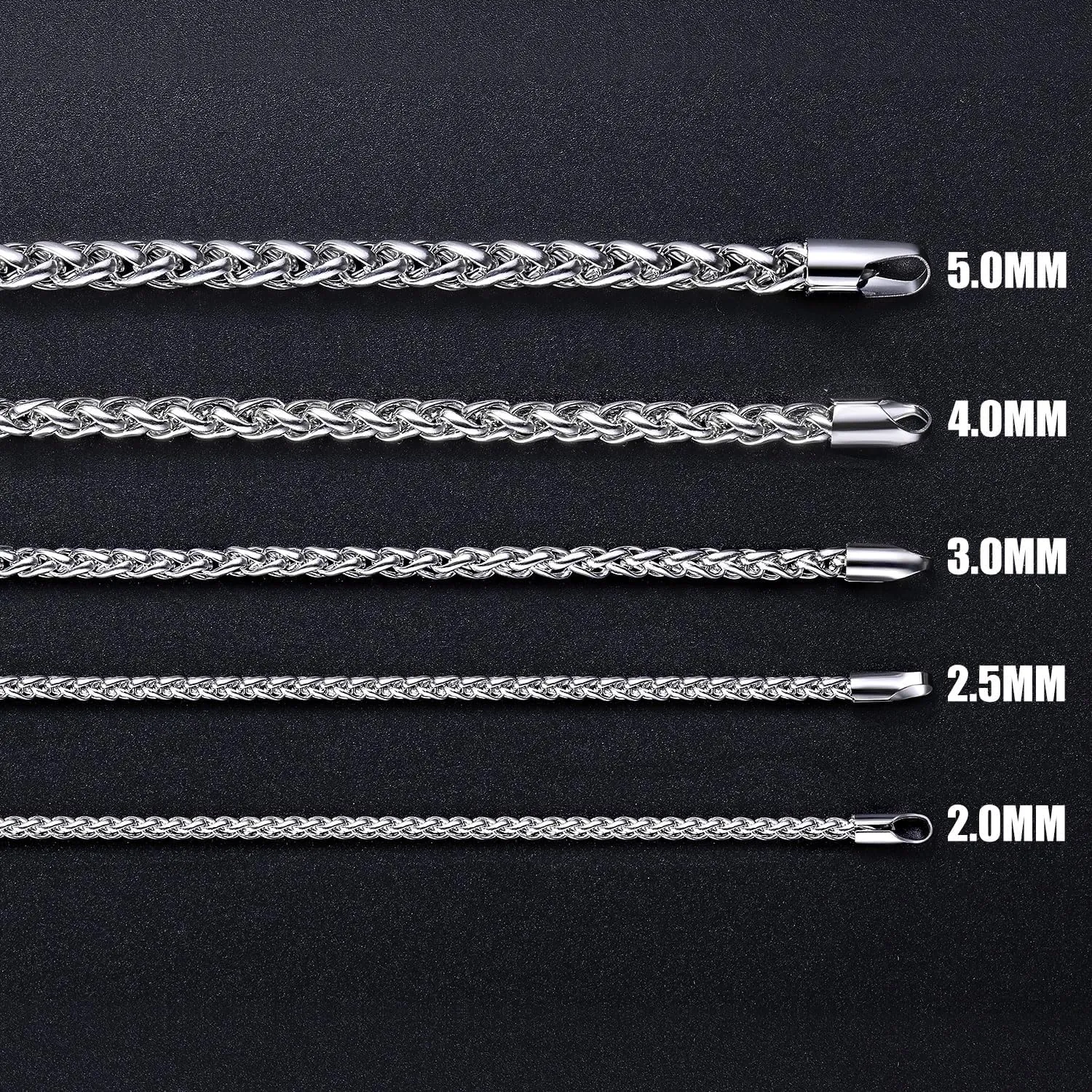 Fiusem Father's Day Gifts Wheat Chains for Men and Women, 2/2.5/3/4/5mm Silver Tone Necklace Chain, Stainless Steel Mens Necklace 16-28 Inch