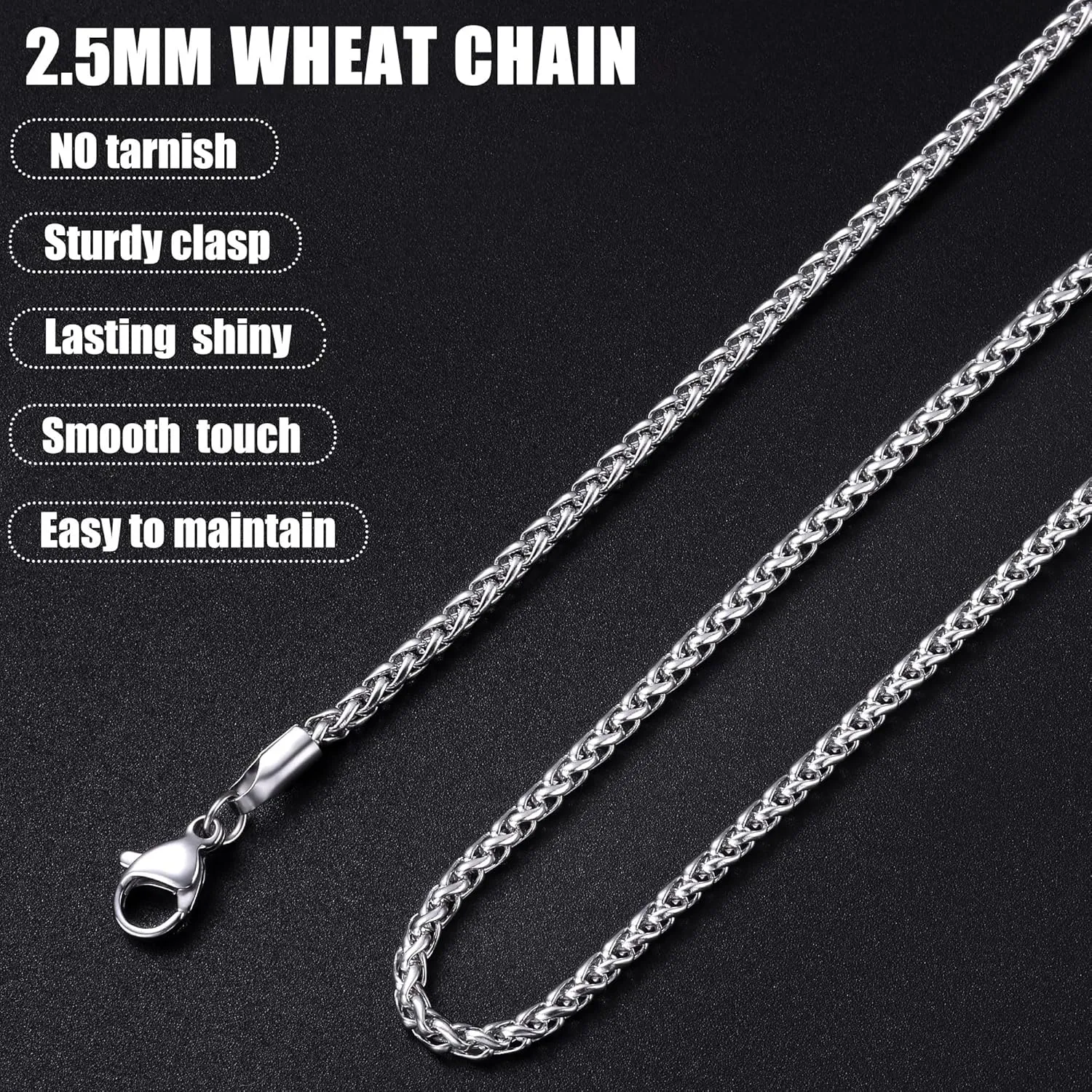 Fiusem Father's Day Gifts Wheat Chains for Men and Women, 2/2.5/3/4/5mm Silver Tone Necklace Chain, Stainless Steel Mens Necklace 16-28 Inch